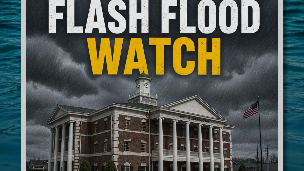 Thunderstorms currently in Hope as Hempstead, Nevada Counties see Flood Watch