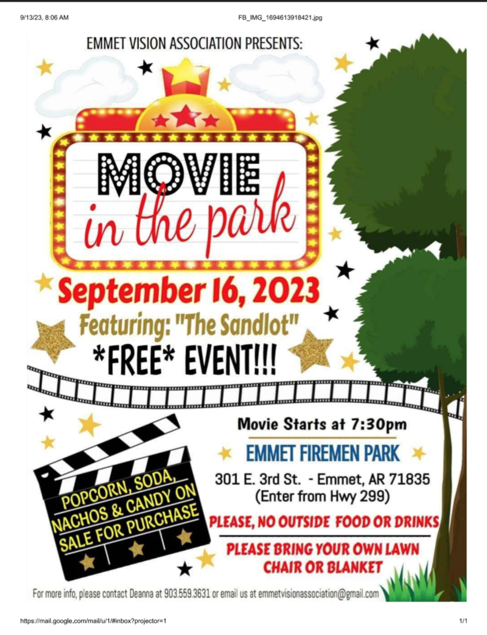 Movie in the Park in Emmet September 16